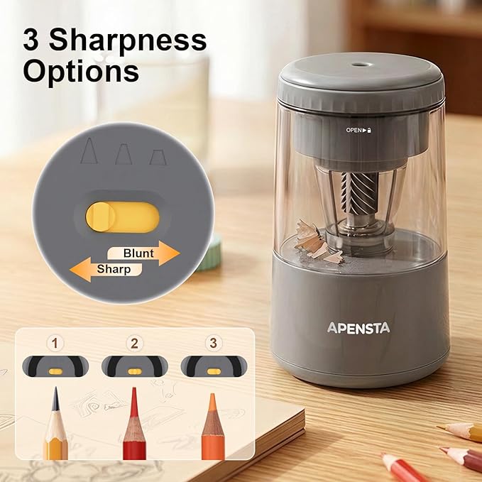 Electric Pencil Sharpener with Adjustable Tip Thickness, Auto Stop, Type-C Rechargeable, for Wooden, Colored Pencils (7–8mm), Portable Design for Home, Office & School, Gray