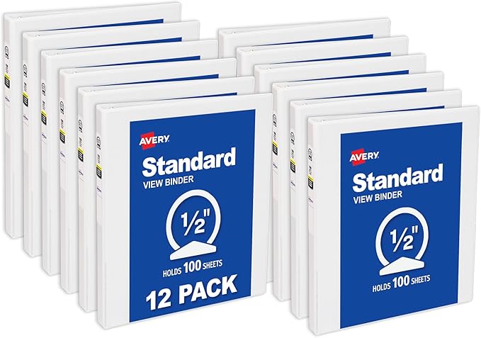 Avery Standard View 3 Ring Binders, 0.5" Round Rings, 100-Sheet Capacity, 0.7 Inch Wide Spine, White Binders, Ideal for Lightweight Organization and Occasional Referencing (12-Pack of 05706)