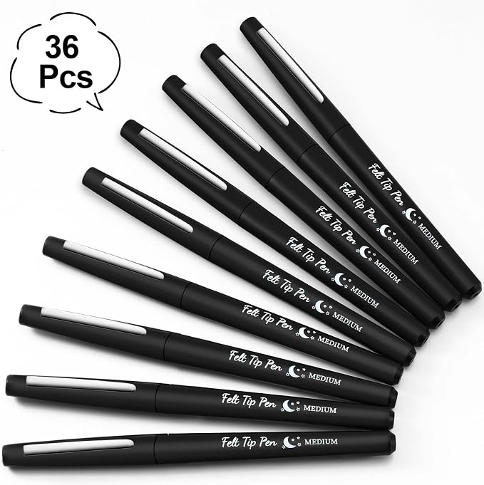 Fuyoooo 36 Pcs Black Felt Tip Pens Bulk, Quick Dry, 0.7 mm Medium Point