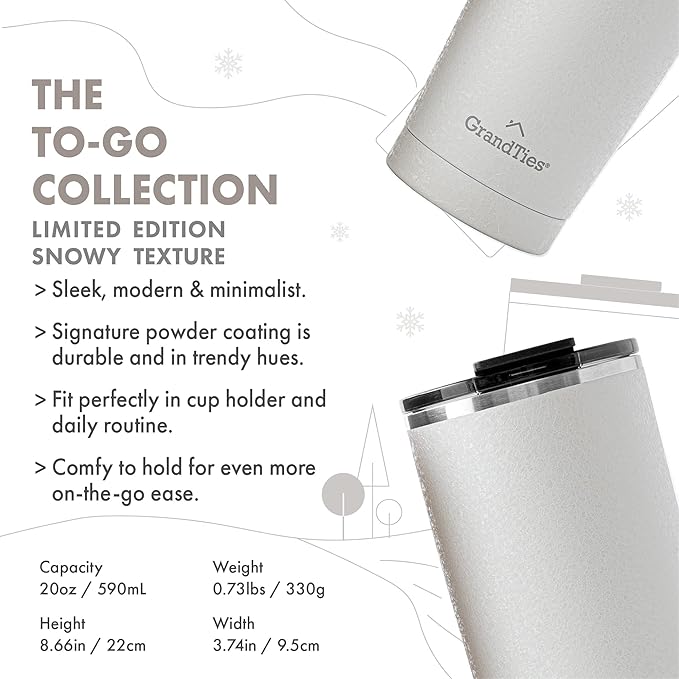 GRANDTIES Insulated Coffee Tumbler Cup w/Tritan Lid | Leak Proof, Reusable, Double Walled Vacuum Stainless Steel Travel Mug | 20oz (Snowy: Pearl)