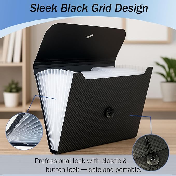 Expanding File Folder with Tabs – 13-Pocket Accordion Document Organizer with Elastic Closure, A4 & Letter Size Waterproof Paper Holder for Home, School & Office