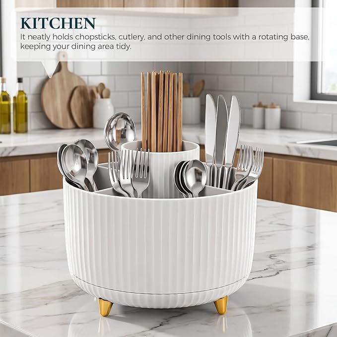KONVINIT Pencil Pen Holder for Desk, 5 Slots 360-Degree Rotating Desktop Organizer, Cute Desk Organizers and Accessories for School, Home, Office and Art Supply, White