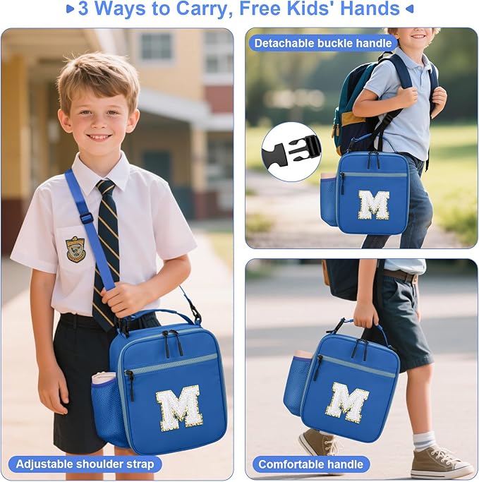 Initial Insulated Lunch Bag for Boys Kids, Back to School Gift, Reusable Leak-proof Lunch Box with Adjustable Strap for School Daycare Travel Picnic（Blue，M）