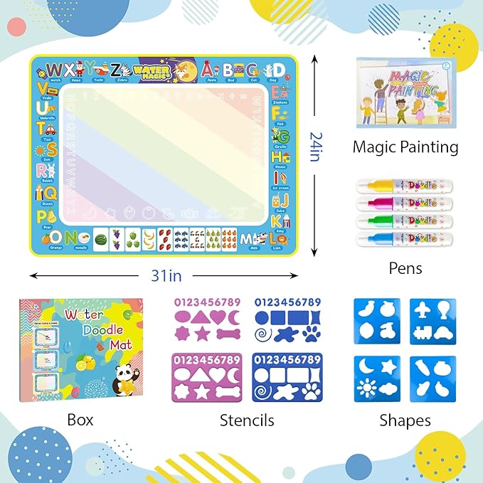 BlissfulBlend Water Doodle Mat Kids Mess Free Coloring Doodle Mat Educational Toys for 3 4 5 6 7 8 Years Old with Magic Pens Educational Toys Toddler Boys Girls Christmas Birthday Holiday Present