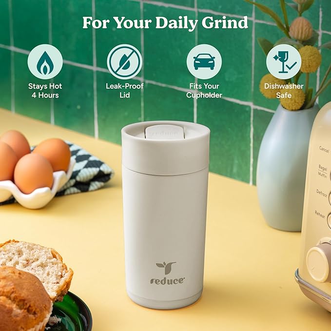 REDUCE Perk 10oz Insulated Coffee Tumbler – Leak-Proof with Lockable Lid and Vacuum Insulation–Durable Stainless Steel–Fits Car Cup Holders–One-Handed Travel Mug in Sand Leopard Print - Linen