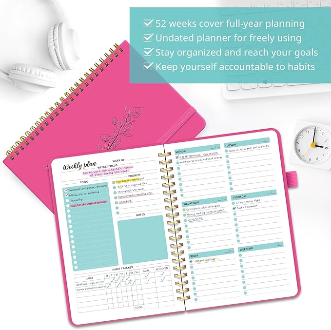 Taja Undated Weekly Planner, Weekly To Do List Notebook with Goal & Habit Tracker Organizer, A5 Weekly Planner Notebook with Spiral Binding, 6.1" x 8.2" - Berry Pink