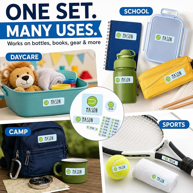 Andaz Press Custom Personalized Waterproof School Name Labels, Tennis, 120-Pack, Kids Labels Combo Pack, Customizable Multi-Use Name Stickers for Preschool, Daycare, Supplies, Office, Water Bottle