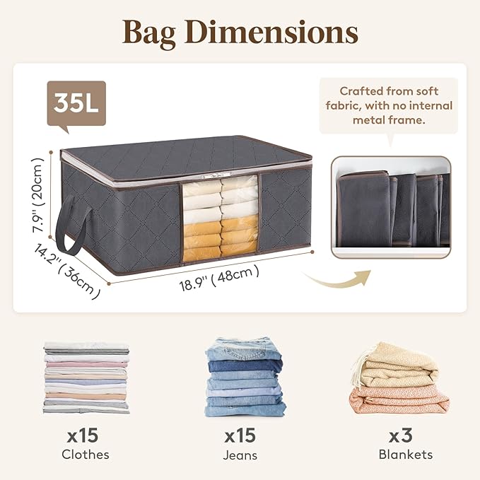 Lifewit 8 Pack 35L Clothes Storage Bins with Lids, Foldable Blanket Storage Bags with Zippers, Clear Window and Reinforced Handles, Closet and Organization for Clothing, Sweater, Comforter, Bedding
