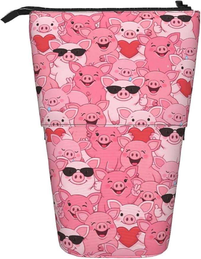 Funny Pink Pig Standing Pencil Case Cute Telescopic Stationary Pouch with Zipper Large Capacity Stand up Pen Bag Portable Makeup Holder for School Office Supplies