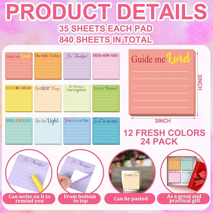 Yinder 24 Pcs Inspirational Sticky Notes Cute Motivational Sticky Notes Pad End of Year Employee Appreciation Gifts Bulk for Teacher Nurse Coworkers Office Supplies 3 x 3'' (Bible,Light Color)