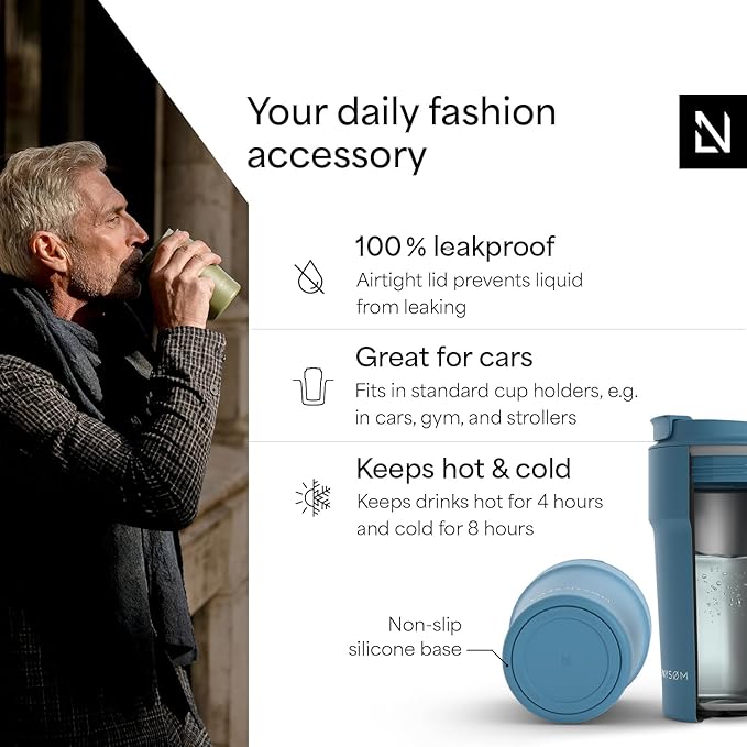 LARS NYSØM Thermo Coffee Mug to go 17oz | Travel Mug 0.5 Liter with Insulation | Silicone grip base | Leak Proof Stainless Steel Tumbler for Coffee and Tea on the Go (Powder Calypso Blue, 17oz)