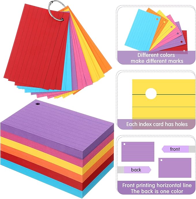 Epakh 300 Pieces Lined Index Cards 180 GSM Thick Flash Cards with Rings Notecards Punched Back to School for Studying Adults Home College Office(3 x 5 Inch,Dark Color)