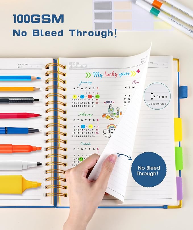 Hardcover Spiral Notebook journal with Removable Dividers Tabs, 300 Pages Leather 5 Subject Notebook College Ruled, 100GMS Notebooks for Work School Note taking,Lined Journal for Women,A5 Light Blue