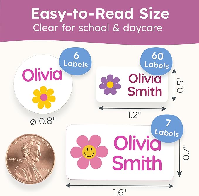Personalized Daycare Name Labels for Kids [70pcs, Flowers] - Waterproof Name Stickers for School, Baby Bottles & Clothing - Custom Name Stickers - Washable Stick On Labels (Various Sizes)