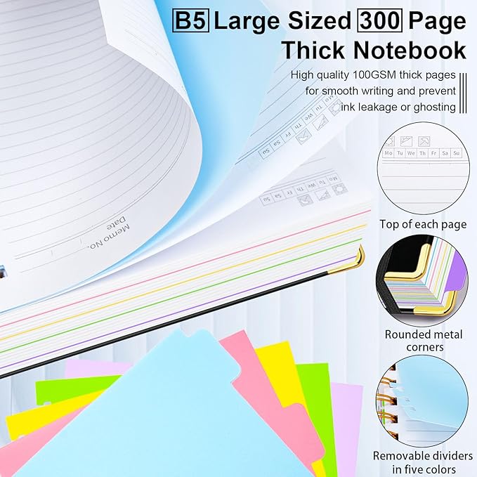 Hardcover Spiral Notebook 8"x10" Journal Notebook with Tabs and Removable Dividers 300 Pages 5 Subject Notebook College Ruled, Faux Leather Spiral Bound Notebook for Women School Work (Black)