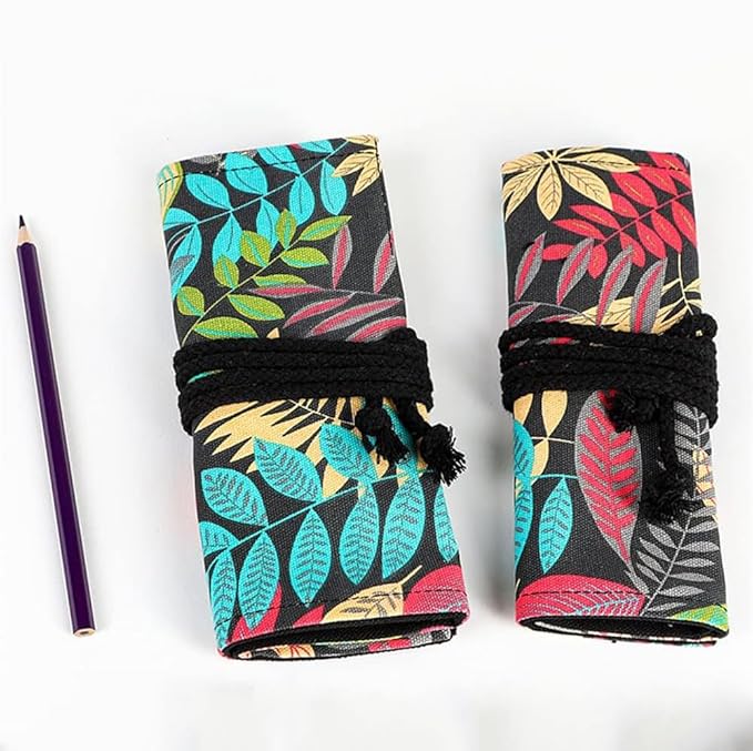 DIYOMR 12/24/36/72 Slots Pencil Wrap Pencil Rolls, Artist Colored Pencil Roll Up Bag Short Brush Pouch Case Pencils Organizer for Drawing Coloring and Sketching, No Pencils (Colorful Leaves, 12slots)