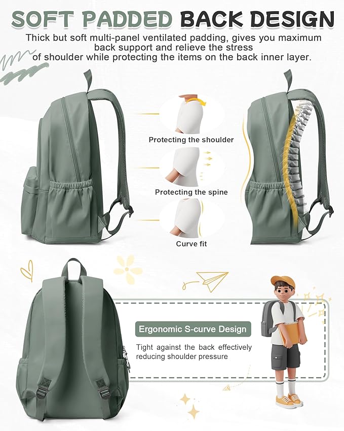 BJLFS Green Cute School Backpack with Laptop Compartment Small Travel Laptop Backpack for Women Men Waterproof College Backpack Simple School Bag for Teens Girls Boys