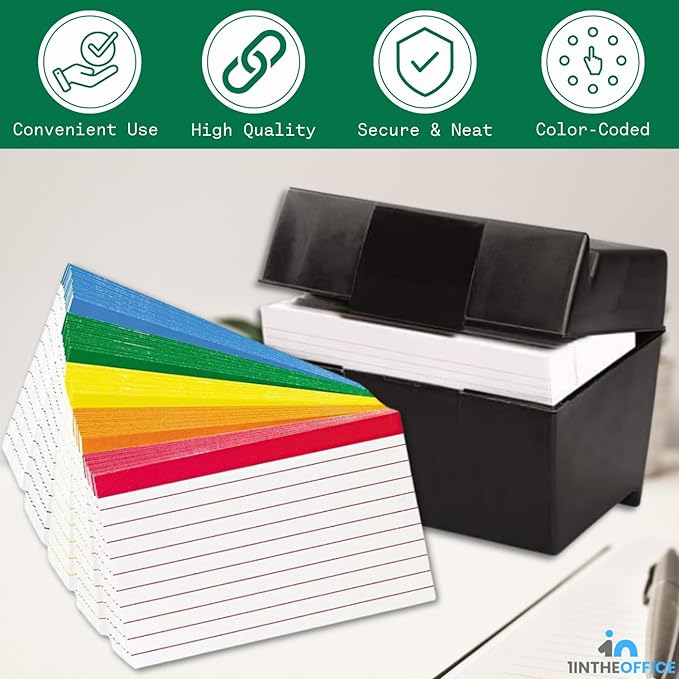 1InTheOffice Index Card Holder 3x5, & 100 pcs Index Cards Ruled Color Coded Assorted Color, Index Cards Storage Box 3x5 (Combo)