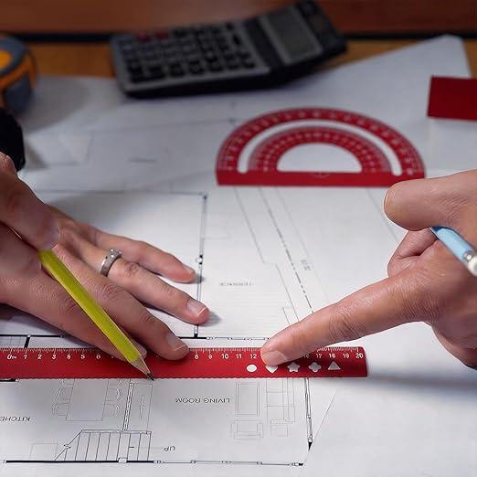 PATIKIL 8 Pcs Geometry Drafting Tool, Aluminum Alloy Geometry Kit Math Tool Includes 15cm L Ruler Protractor Triangles for Drafting Angle Measure Simple Science Experiment, Purple