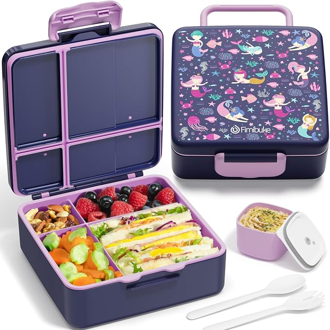 Fimibuke Bento Lunch Box for Kids, Toddler Bento Box with 4 Compartments | Leak Proof BPA Free Dishwasher Safe Lunch Container with Utensils, Ideal Portion Sizes for Ages 3-12 Girls Boys for School