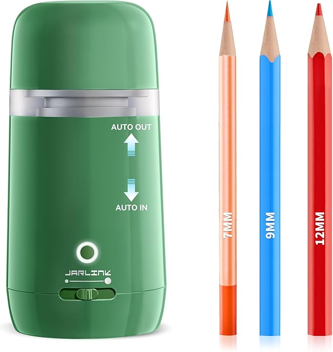 JARLINK Automatic Electric Pencil Sharpener - Hands-Free Operation, 3 Sharpness Modes, 3-Second Sharpening, Rechargeable & Portable for 7-12mm Pencils, Ideal for Classroom and Home Use (Green)