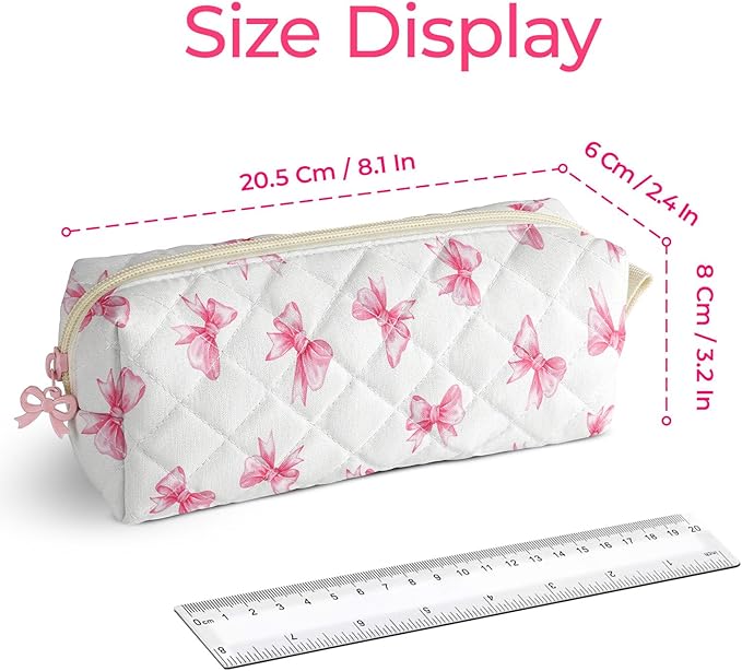 Cute Quilted Pencil Case for Girls Women, Aesthetic Small Floral Pencil Pouch,Slim Soft Pencil Bag for School Supplies Makeup Pouch for School & Daily Use (Tiny Pink Bow)