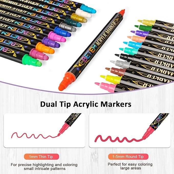 Betem 60 Colors Dual Tip Acrylic Paint Pens Markers, Fabric Decorating Kits Premium Water-Based Acrylic Paint Markers for Fabric, Rock, Wood, Glass, Eggs, Canvas, Ceramic, Easter Basket Stuffers