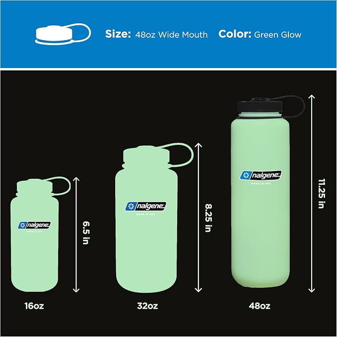 Nalgene 48 oz Wide Mouth Silo Water Bottle, Glow Green | BPA-Free, Durable & Lightweight, Leak Proof, Dishwasher Safe, Large Reusable Plastic Bottle for Hiking, Gym, Work & Travel