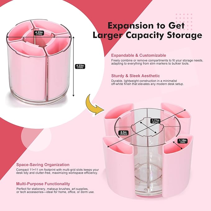 Comix 360° Rotating Pen Holder for Desk, Cute Pencil Holder Pen Organizer, Pink Acrylic Pencil Cup Caddy with 5 Slots for Home School Office Supplies