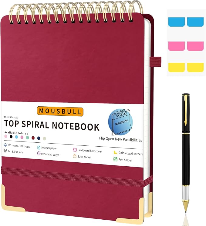Mousbull Top Spiral Notebook, A4 Hardcover Top Bound Steno Pads, 240 Pages 100gsm College Ruled Left Handed Notebook Journal for Work, School, Meeting Writing - Red, 8.5" x 11"