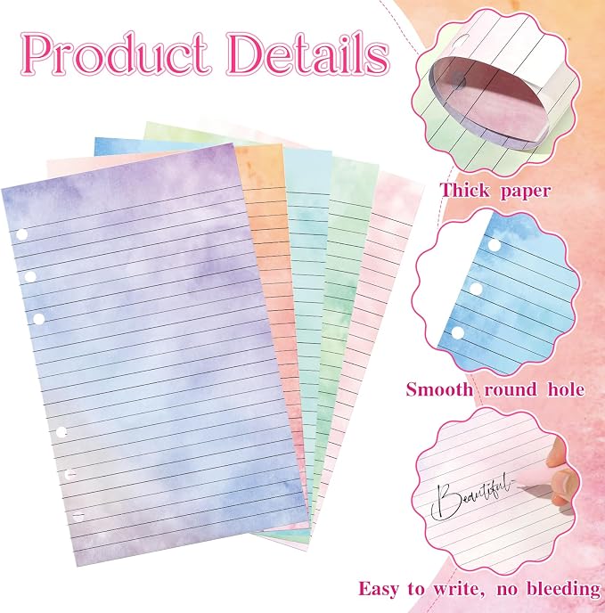 100 Sheets Gradient A5 Refill Papers for Planner Binder Insert, 120GSM Thick Loose Leaf Lined Paper, 6 Hole Notebook Filler for A5 6 Ring Travel Journal Diary Budget Binder, Watercolor