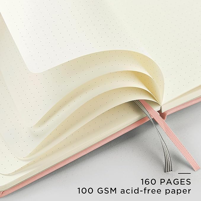 &And Per Se Dotted Journal Notebook, A5 Hardcover Leather Dotted Journal, 160 Pages 100gsm Thick Dot Grid Paper, 3 Sheets of Stickers Included - 5.7'' x 8'' (Pink)