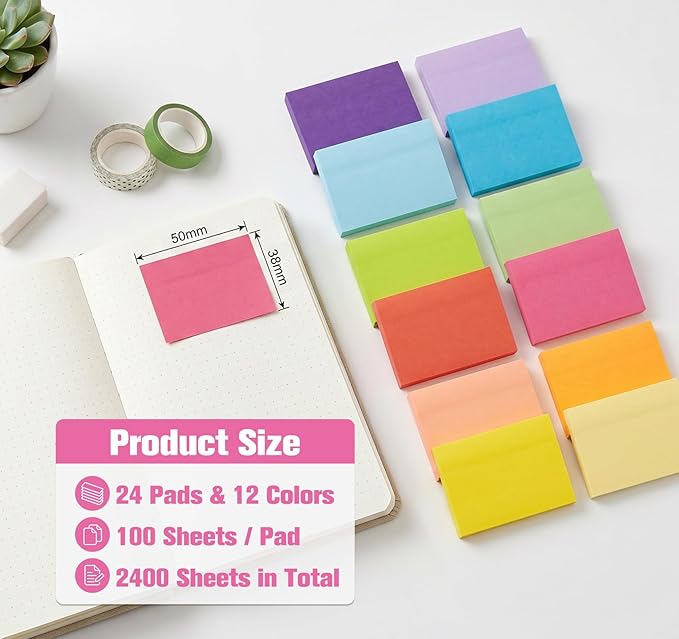 Agoer 2400 pcs Small Sticky Notes,2 x 1.5 Colored Notes Pads,24 Pack Bright Colors Self-Stick Notes,Super Adhesive Sticky Notes,Mini Post Stickies for Office Home School (12 Colours)