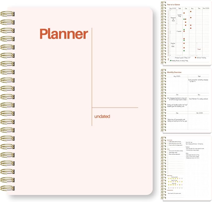 Undated Weekly Planner, 8.5" x 11", Dashboard Layout with Yearly Review, Monthly Calendars, & Weekly To Do List, Spiral Bound Organizer for Work, Study & Life (Blush White)