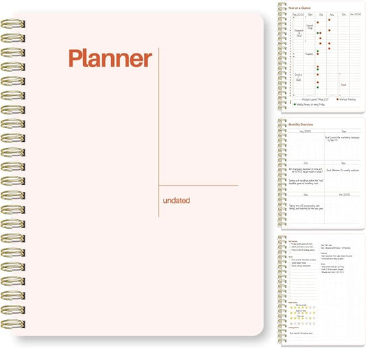 Undated Weekly Planner, 8.5" x 11", Dashboard Layout with Yearly Review, Monthly Calendars, & Weekly To Do List, Spiral Bound Organizer for Work, Study & Life (Blush White)