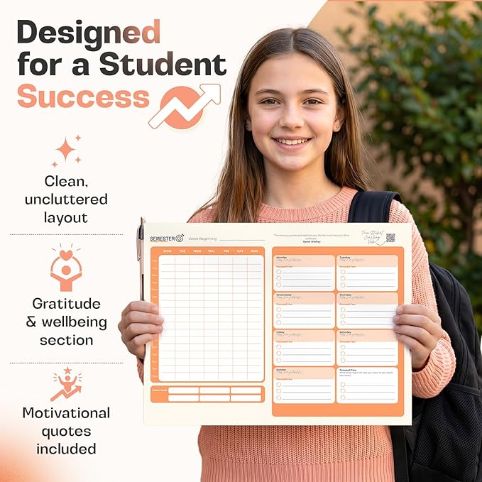 Semester Student Planner Pad - A4 Undated Daily and Weekly Planner with 52 Tear-Off Pages - To Do List Notepad with Gratitude & Focus Sections, Motivational Quotes & Students Task Prioritization 2026 Planner