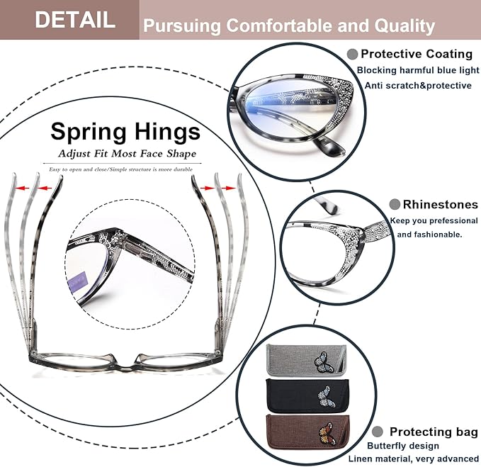 EYEURL 3-Pack Cat Eye Reading Glasses for Women Blue Light Blocking Computer Readers with Rhinestones Anti UV Rays Eyeglasses with Spring Hinges 2.75