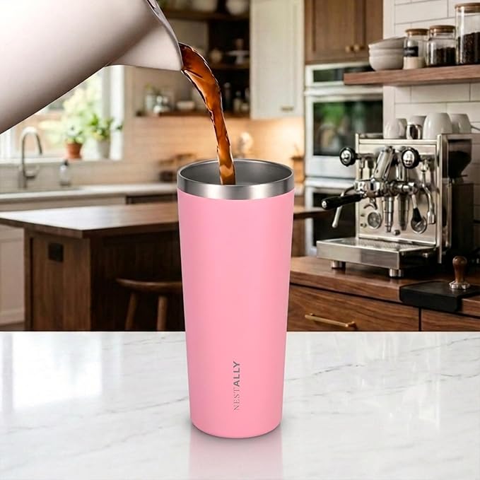 NESTALLY Coast 20oz Stainless Steel Tumbler, Extra Capacity Holds Up to 22oz, Double Wall Vacuum Insulated Travel Coffee Mug with Lid & Metal Straw, Leakproof Reusable Cup for Travel (Blush Pink)