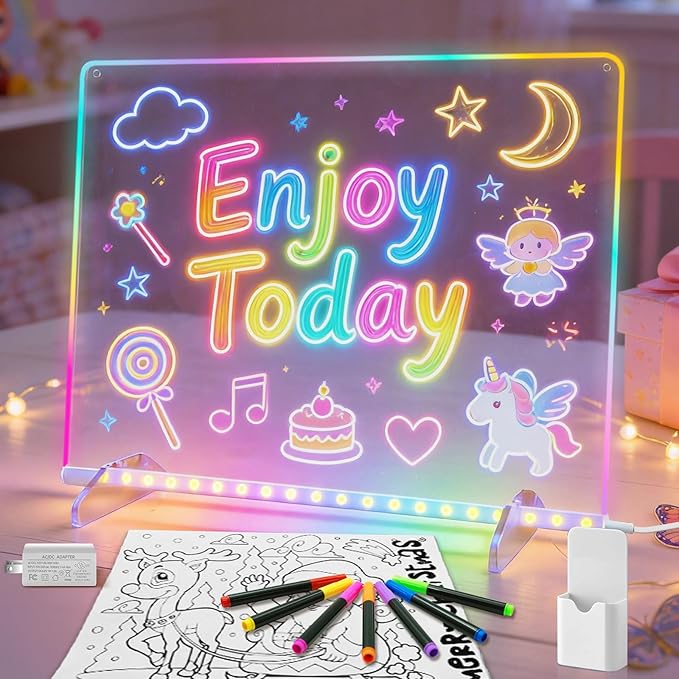 LED Note Board with Colors, 13.7"X10" 6 Modes & 8 Colors Acrylic Dry Erase Boards with Light, Led Drawing Board for Kids with Stand,Birthday Holiday Day Gifts for Girls & Boys Age 3+