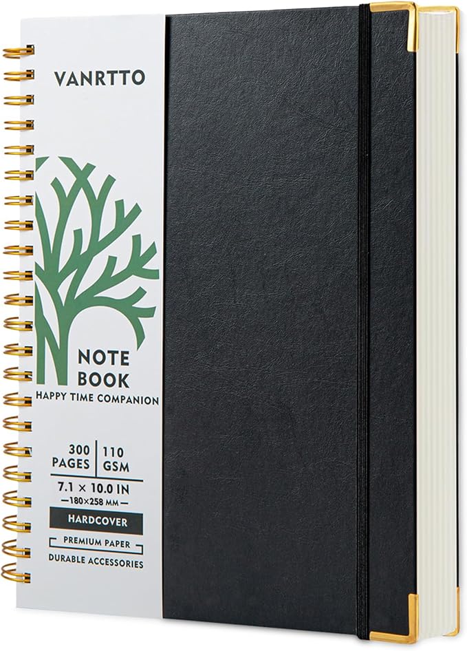 VANRTTO Hardcover Spiral Notebook, B5 Notebooks College Ruled, 110 GSM Thick Lined Paper Notebooks for Work, School and Travel, 300 Pages Journals for Writing, Large Journal for Women New Black B5
