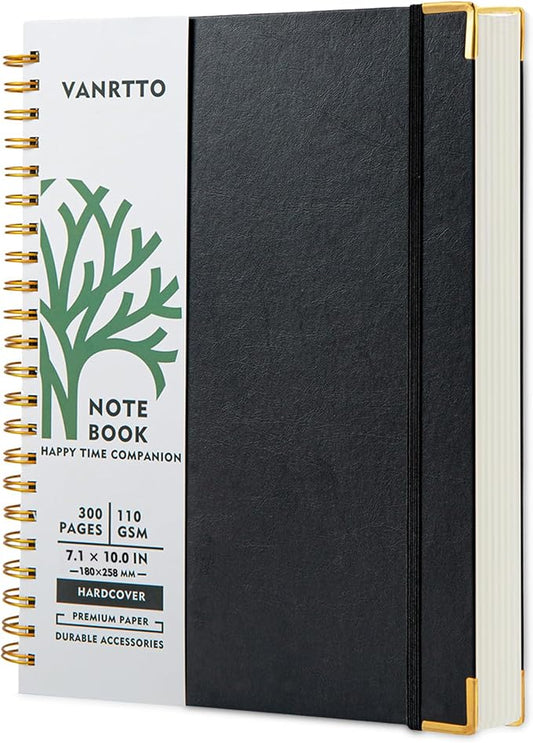 VANRTTO Hardcover Spiral Notebook, B5 Notebooks College Ruled, 110 GSM Thick Lined Paper Notebooks for Work, School and Travel, 300 Pages Journals for Writing, Large Journal for Women New Black B5