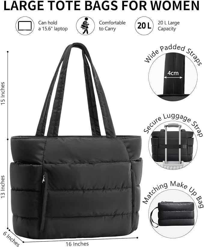Bagstellar Puffer Tote Bag for Women, Lightweight Puffy Work Handbag Teacher Nurse Quilted Shoulder Bag for School Travel Gym | Cloud Bag w/ Zipper