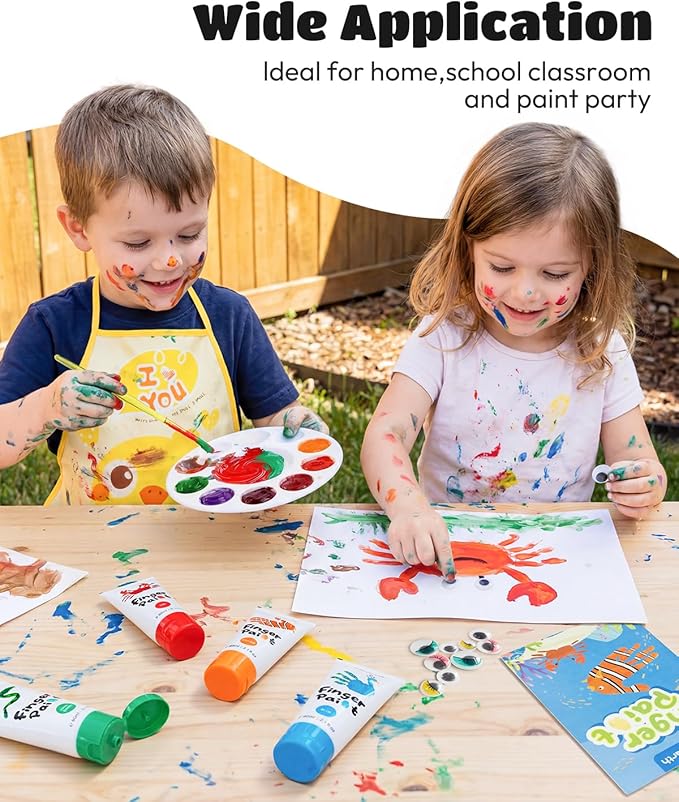 JUPITEARTH 28 PCS Finger Paint, Washable Paint for Todllers 1-3, Non-Toxic 12 Vibrant Colors (2.1fl oz/60ml ) , Palette, Apron, Brush, Eye Stickers, Baby Safe Paints for Hand and Feet, Safe Preschool Art Supplies for Kids