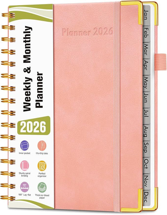 2026 Planner, Hardcover Leather Weekly and Monthly Planner, January 2026 - December 2026, Spiral Yearly Agenda Organizer Book 2026 with Tabs, Daily Calendar Planners for School Work Home, A5 (5.75" x 8.38"), Pink