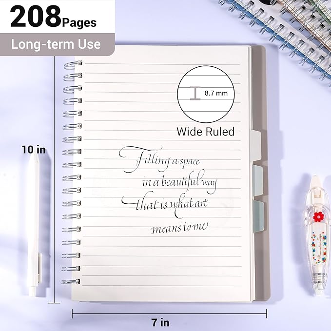 FLYING EAGLE Small Spiral Notebook 5 Subject Notebook Wide Ruled with Dividers Tabs Waterproof Plastic Cover Thick Paper Notebooks for Work School, 7x10 Grey
