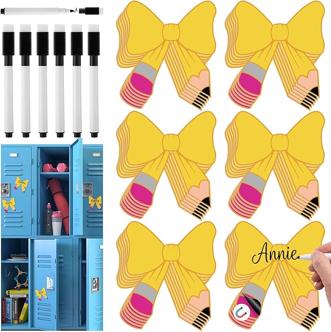 Crtiin 42 Pcs Back to School Bow Magnetic Name Tags Set for Lockers 4 Inch Pencil Design Bow Dry Erase Label Magnetic Reusable Name Tags for First Day of School Whiteboard Classroom Decor Party Supply