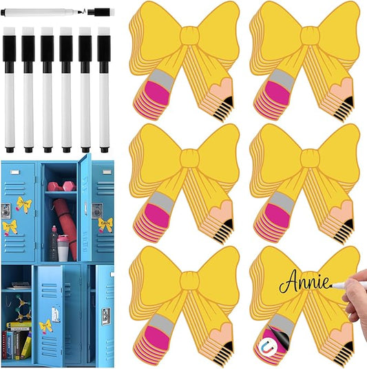 Crtiin 42 Pcs Back to School Bow Magnetic Name Tags Set for Lockers 4 Inch Pencil Design Bow Dry Erase Label Magnetic Reusable Name Tags for First Day of School Whiteboard Classroom Decor Party Supply