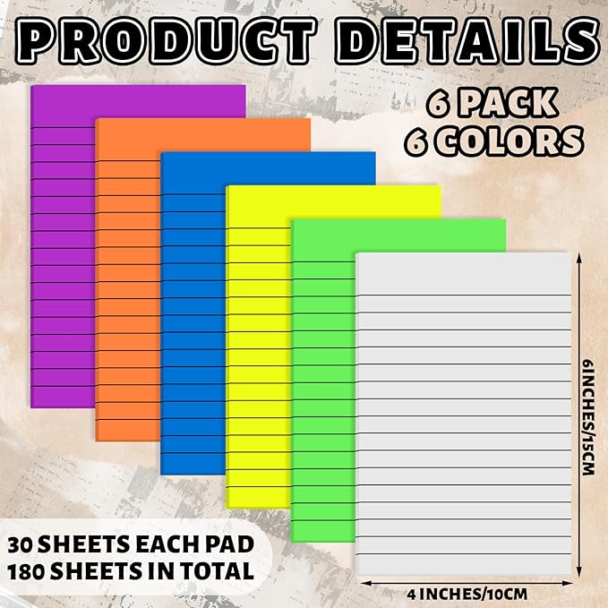 Yinder 6 Pack Pastel Transparent Sticky Notes Translucent Clear Lined Self Stick Note, Back to School Gifts for Bible Tabs, Book Tabs, School Supplies Office, 30 Sheets/Pack, 4 x 6'' (Bright Color)
