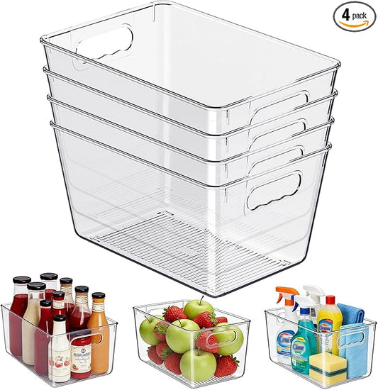 Clear Plastic Storage Bins, 4-Pack Stackable Pantry Organizers and Storage Containers for Kitchen, Fridge, Cabinet and Closet Organization - Home Essentials