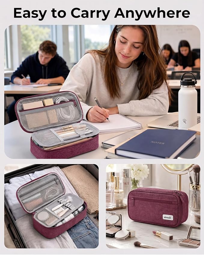 WEMATE Pencil Case, Large Capacity Pencil Pouch, Big Storage Organizer | for Stationery, Zipper Pen Bag, Travel Pen Box, Office Organizer Makeup Bag, for Men Women Purple Red